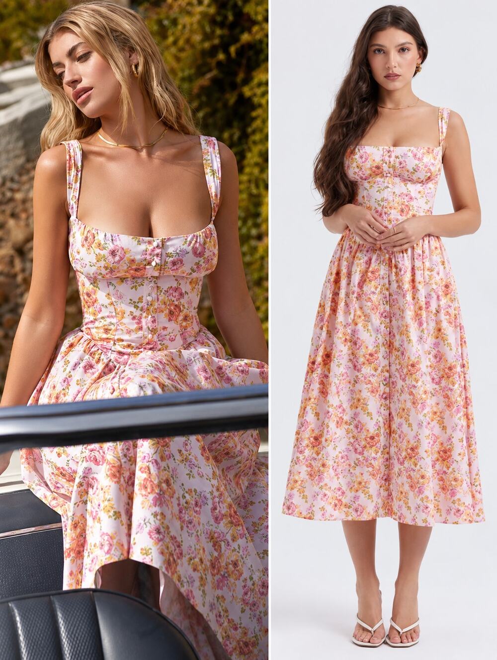 House of CB Tatiana Midi Dress Floral Sweetheart Sleeveless Sundress Midi Pink